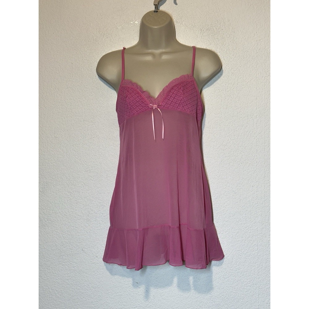Victorias Secret M Pink Sheer Mesh Babydoll Nightie Dress Ruffle Dainty Coquette